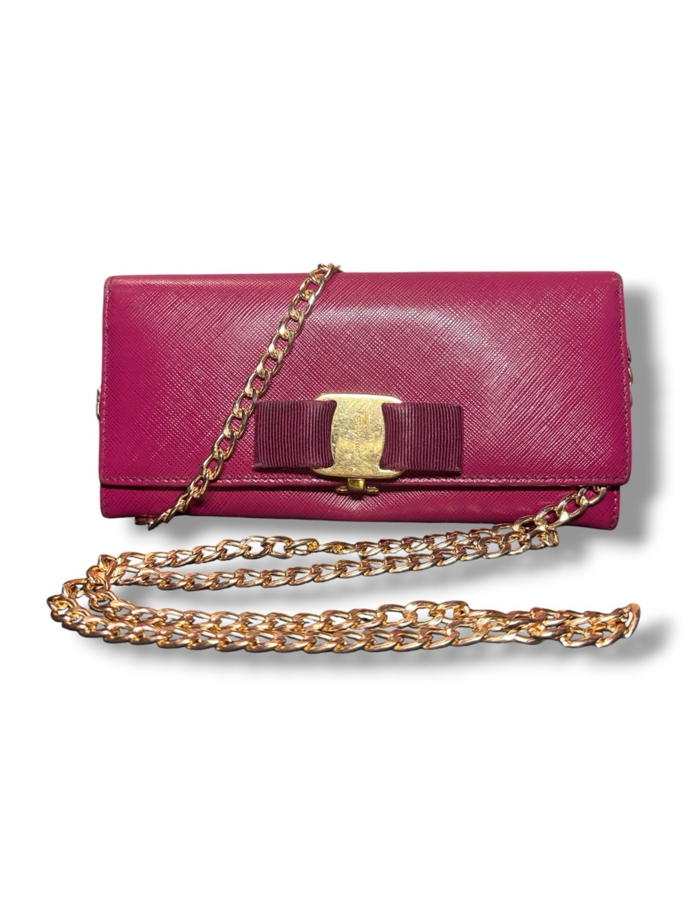 Salvatore Ferragamo Vara Bow Saffiano Long Wallet Magenta Pink WOC Crossbody